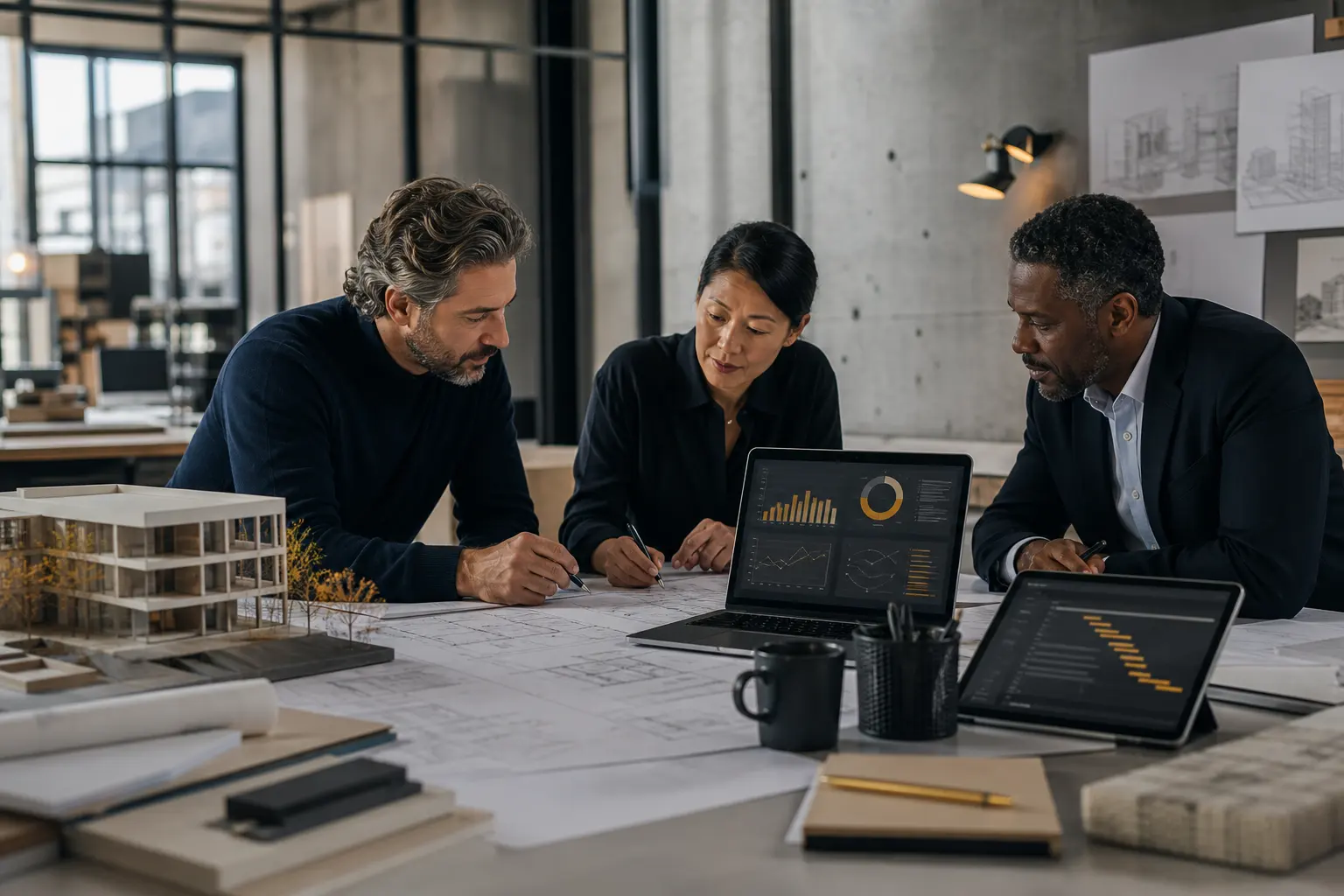 Architecture and engineering firm management software in use: three colleagues reviewing floor plans beside a laptop showing project dashboards